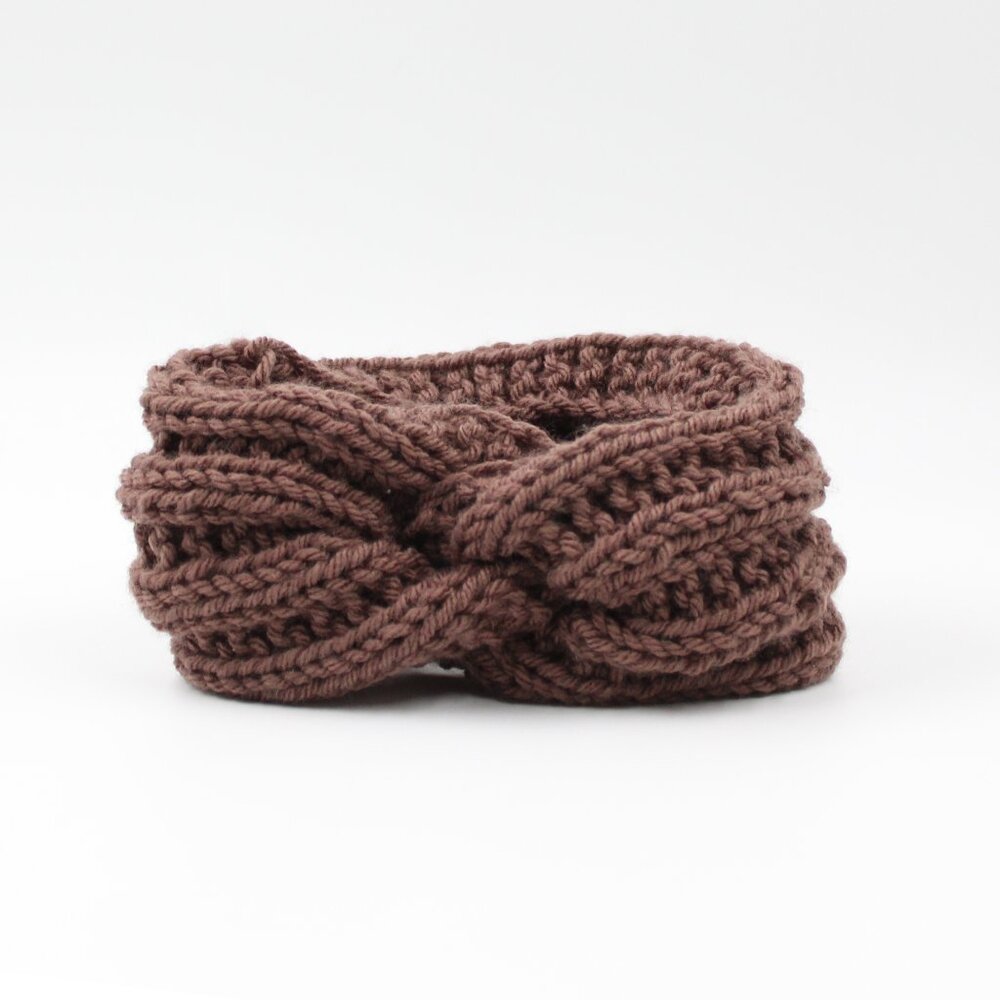 Handmade Hand Knit Acrylic Brown Taupe Blossom Ear Warmer Headband with a Twist